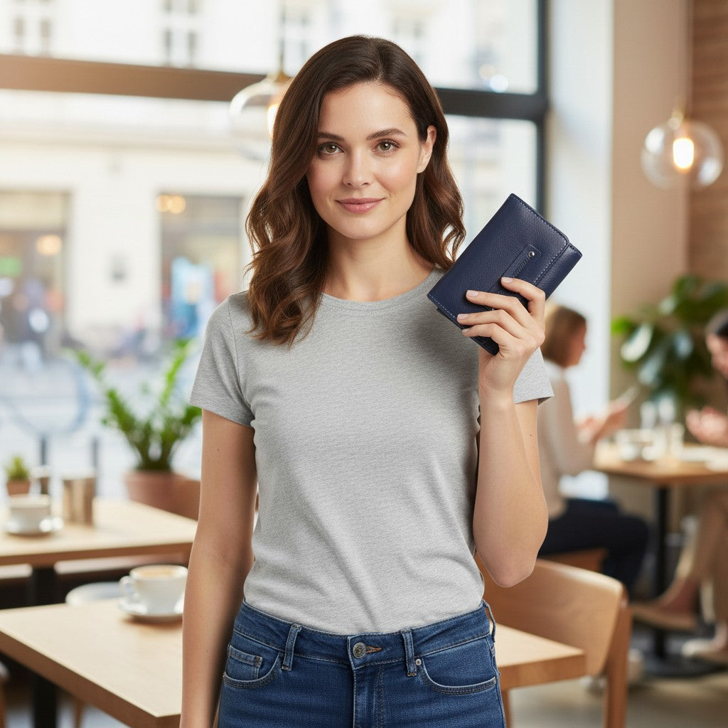 Chris Louis navy blue genuine leather tri-fold wallet with snap closure and multiple card slots.