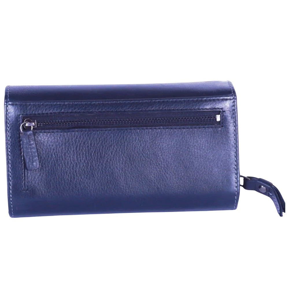 Chris Louis navy blue genuine leather flap clutch wallet with multiple card slots and zippered compartments.