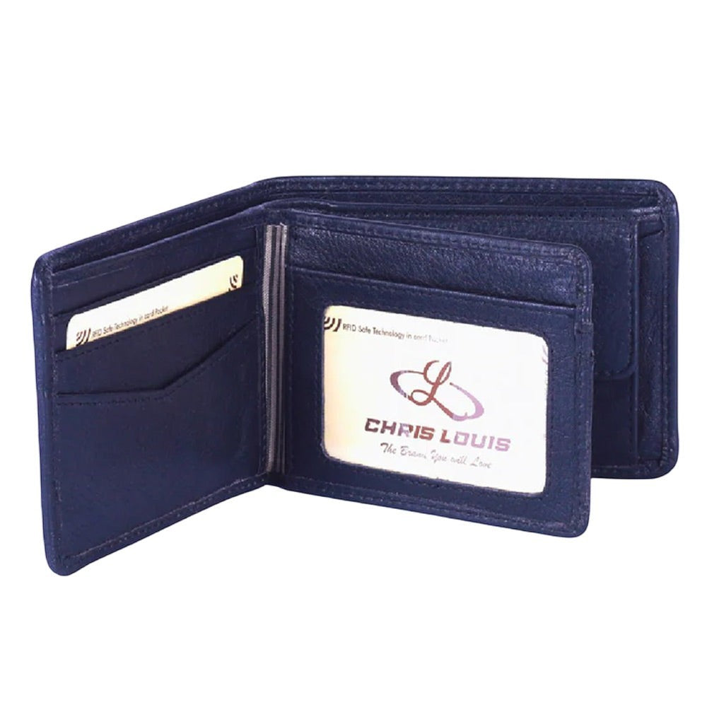 Chris Louis navy blue bi-fold wallet made of genuine leather with RFID protection, 6 card slots, and coin pocket.