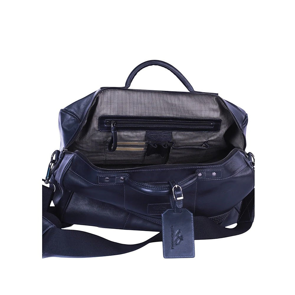 Chris Louis navy blue genuine leather weekend travel bag with interior pockets and luggage tag.
