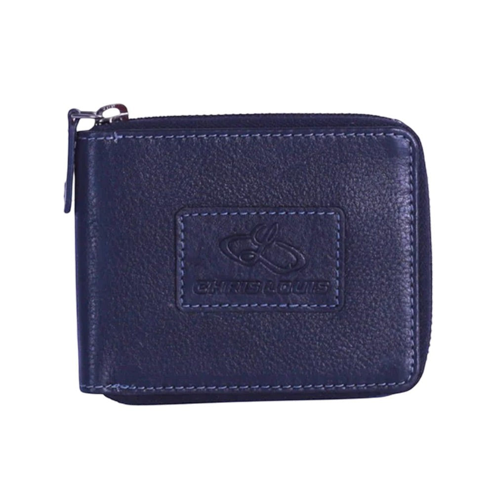 Chris Louis navy blue leather zip around wallet with RFID blocking technology and embossed logo.