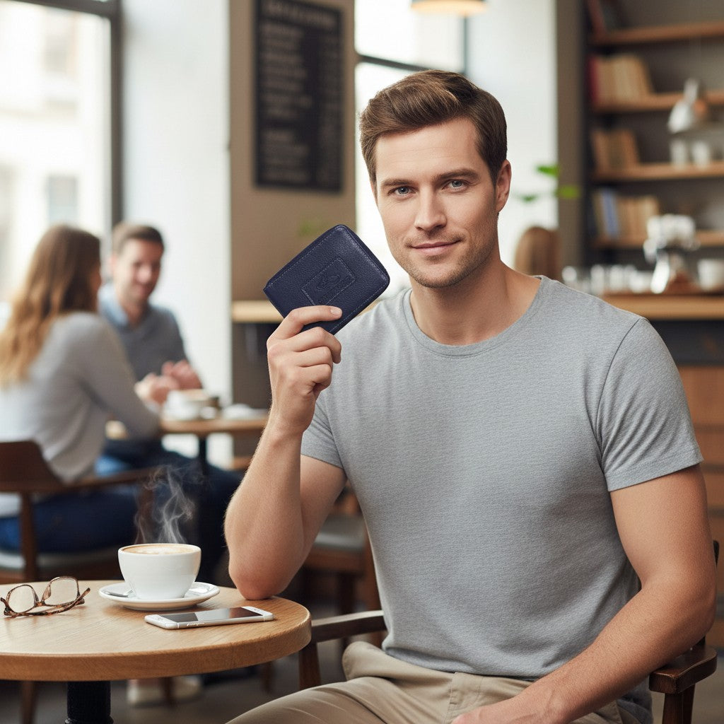 Chris Louis navy blue leather zip-around wallet with RFID blocking technology and embossed logo.