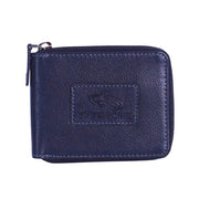 Chris Louis navy blue leather zip around wallet with RFID blocking technology and embossed logo.