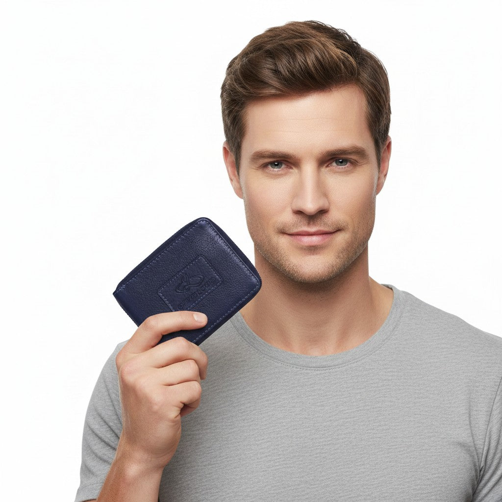 Chris Louis navy blue leather zip around wallet with RFID blocking technology and embossed logo.