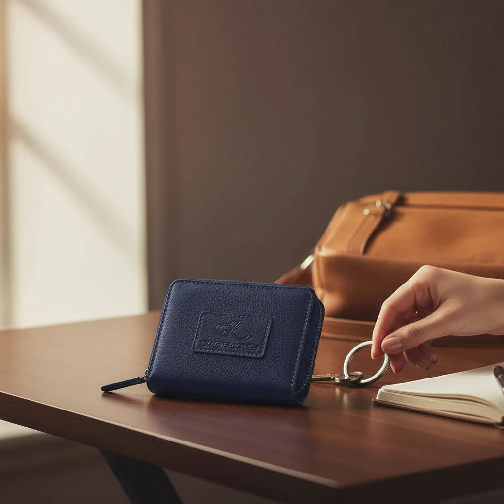 Chris Louis navy blue pebbled leather zip around wallet with RFID blocking technology and embossed logo.