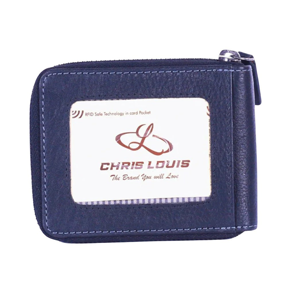 Chris Louis navy blue leather zip around wallet with RFID safe technology and ID window.