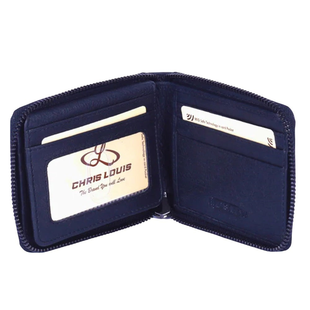 Chris Louis navy blue leather zip around wallet with RFID safe technology, multiple card slots, and ID window.