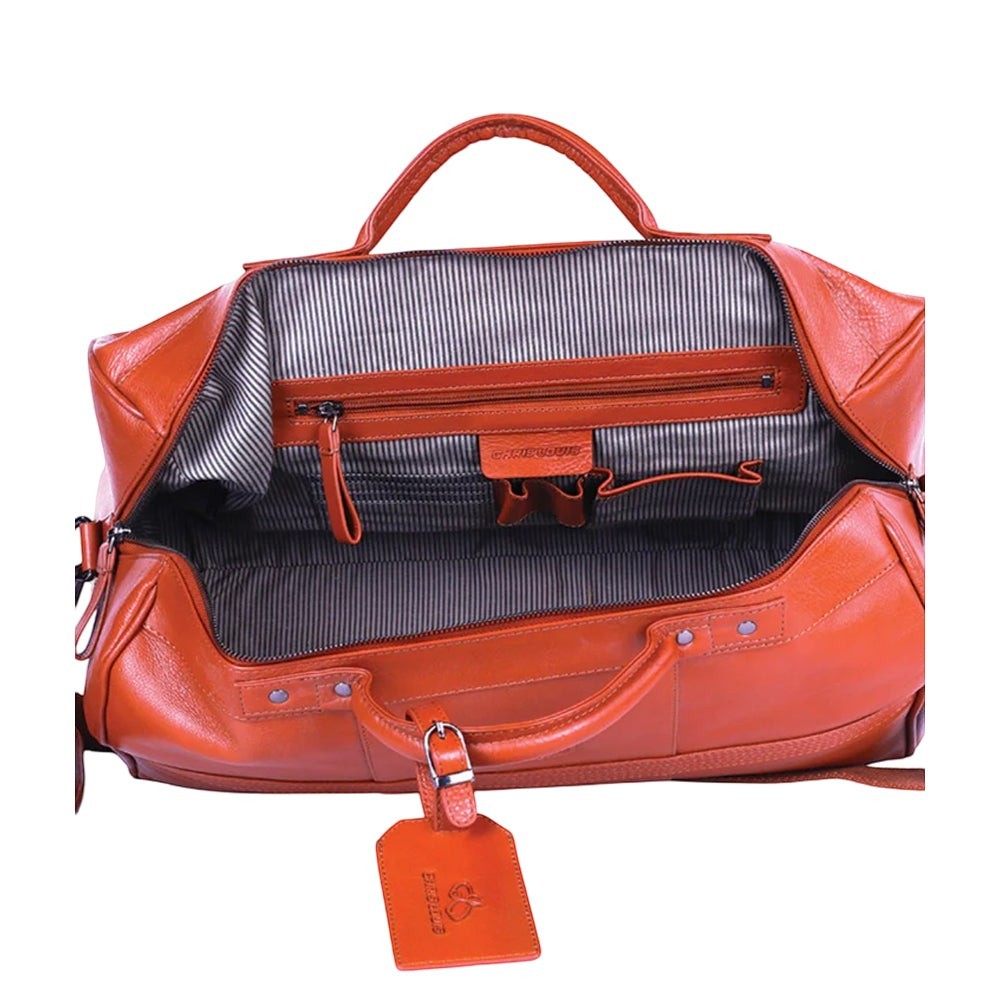 Chris Louis Ohrid Duffle Bag in tan genuine veg-tan hide leather with top handles and detachable shoulder strap.