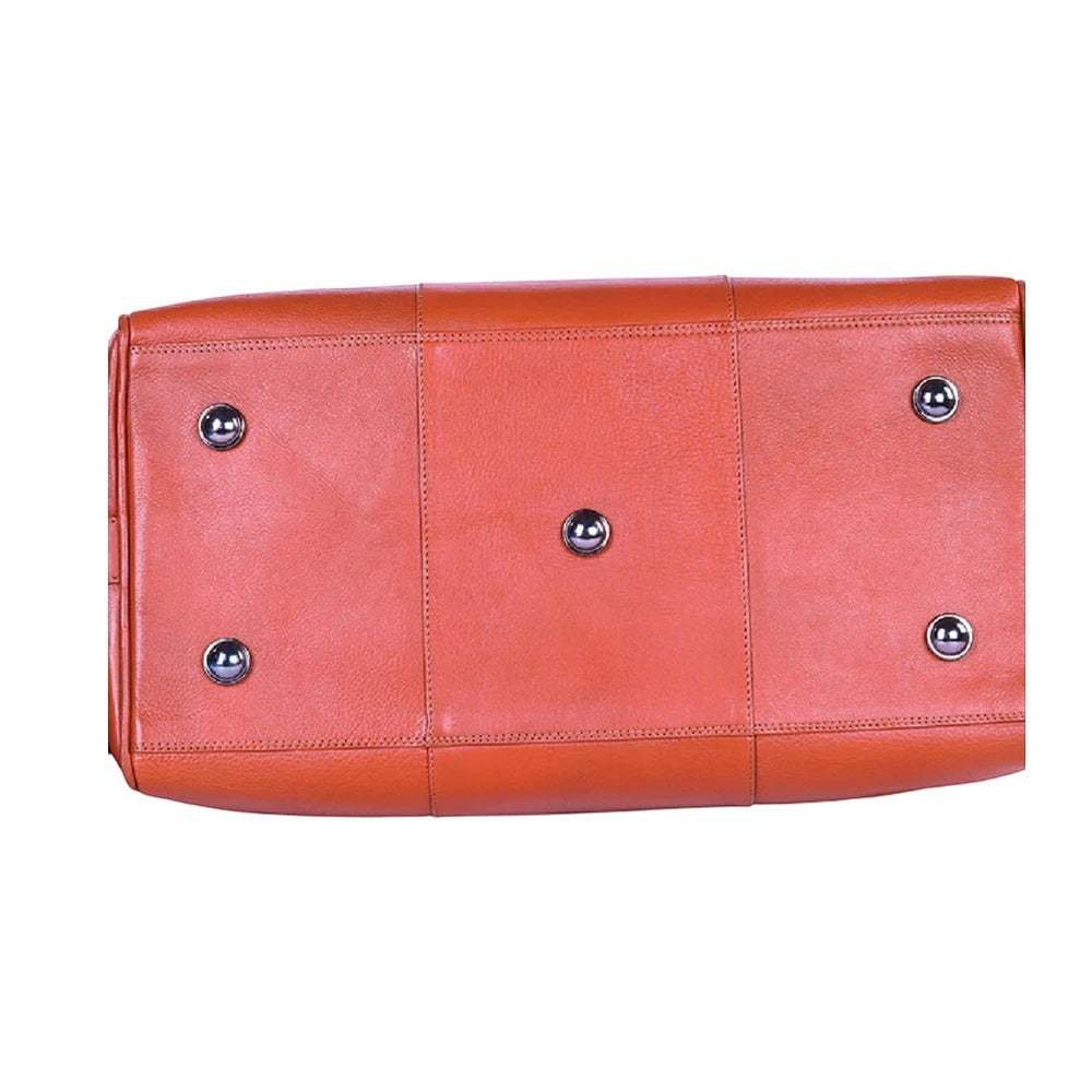 Chris Louis Ohrid Duffle Bag in tan genuine veg-tan hide leather with metal hardware and protective feet.