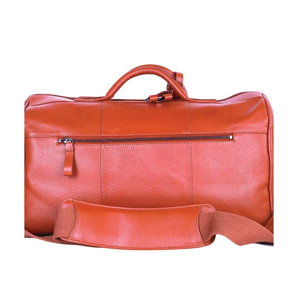Chris Louis Ohrid Duffle Bag in tan genuine veg-tan hide leather with top handles and detachable shoulder strap.