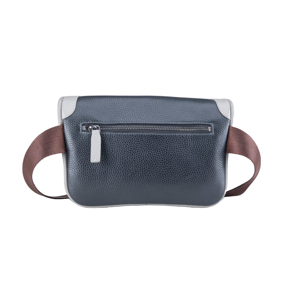 Chris Louis Olyia unisex bum bag in black/grey full grain leather with multiple zipper compartments and adjustable strap.