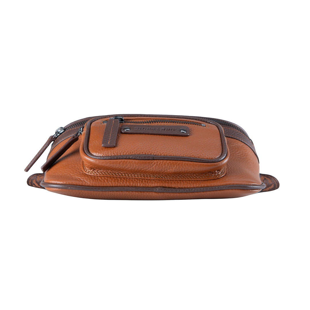 Chris Louis Olyia tan brown full grain leather unisex pouch/bum bag with multiple zipper compartments.