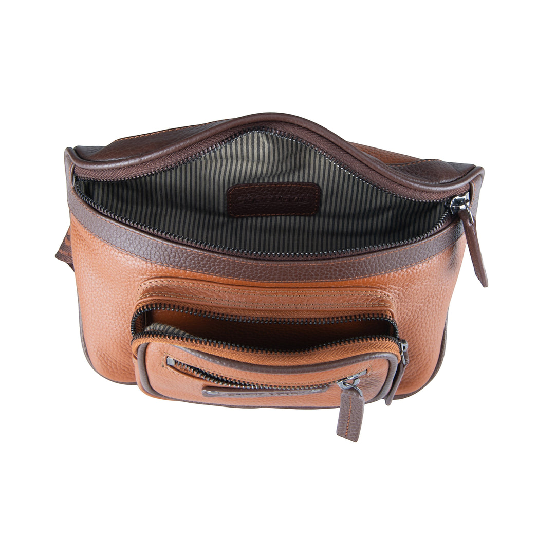 Chris Louis Olyia unisex pouch/bum bag in tan and brown full grain leather with multiple zipper compartments.