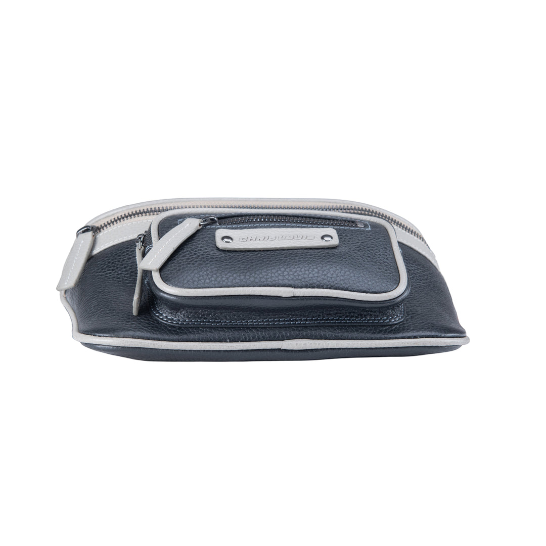 Chris Louis Olyia unisex black and grey genuine leather pouch bag with multiple zipper compartments.