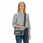 Chris Louis Olyia unisex pouch/bum bag in black and grey full grain leather with multiple zipper compartments.