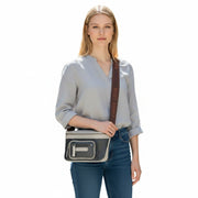 Chris Louis Olyia unisex pouch/bum bag in black and grey full grain leather with multiple zipper compartments.