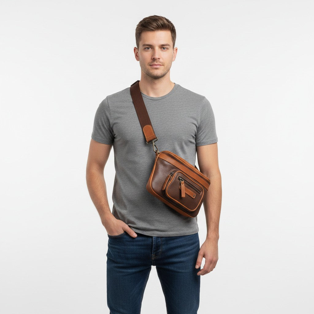 Chris Louis Olyia unisex brown full grain leather pouch bag with multiple zipper compartments worn crossbody by a woman.