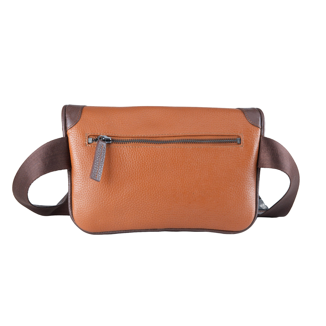 Chris Louis Olyia tan full grain leather unisex pouch/bum bag with multiple zipper compartments and adjustable strap.