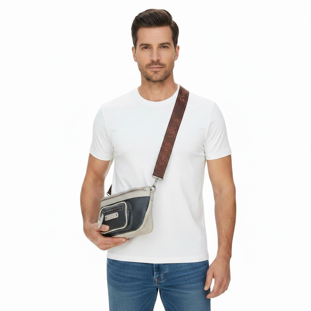 Chris Louis Olyia unisex pouch/bum bag in black and grey genuine leather with multiple zipper compartments and adjustable strap.