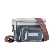 Chris Louis Olyia unisex pouch/bum bag in black and grey genuine leather with multiple zipper compartments and branded strap.