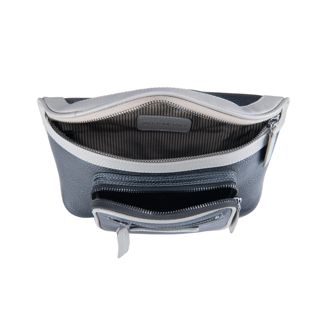 Chris Louis Olyia unisex pouch/bum bag in black and grey genuine leather with multiple zippered compartments.