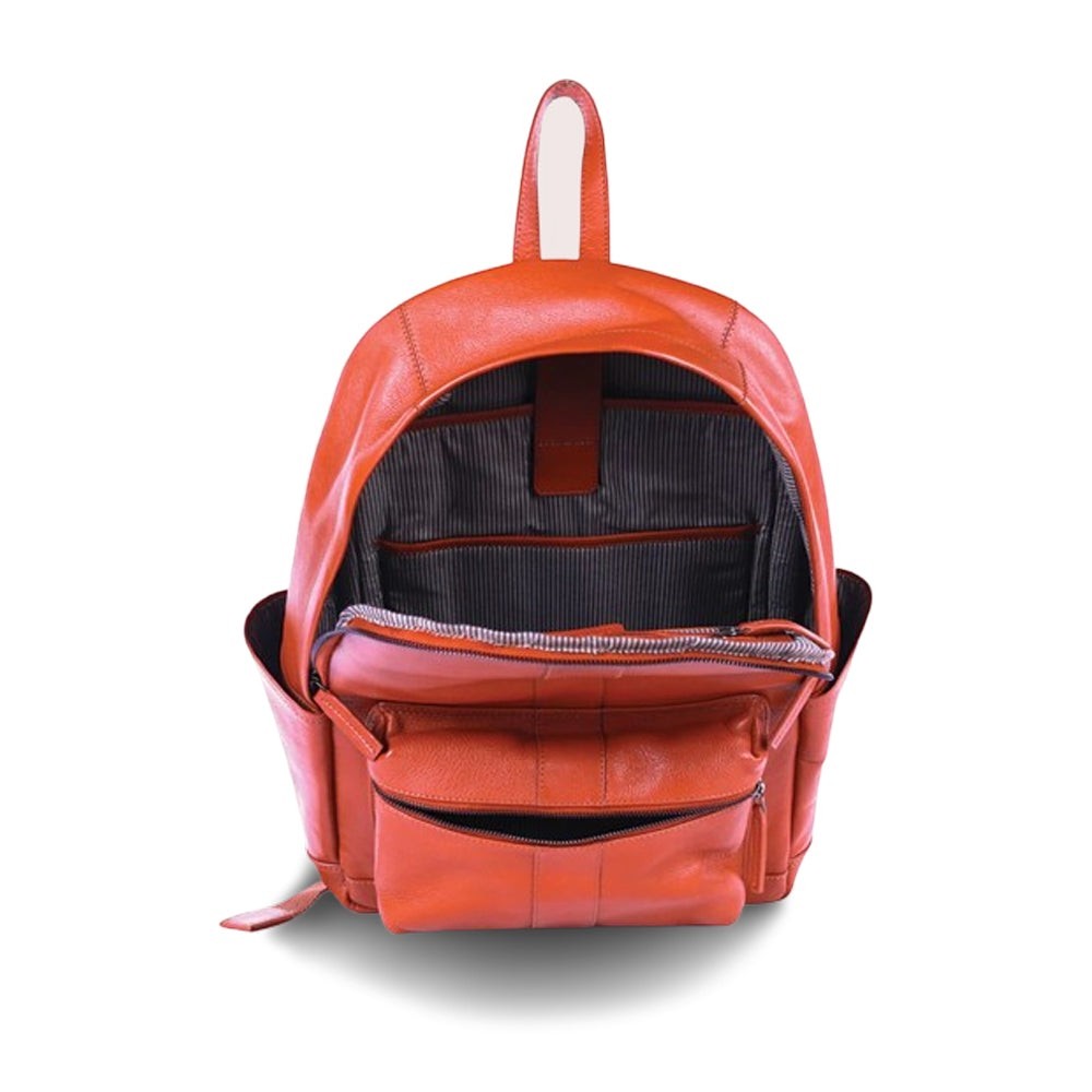 Chris Louis orange genuine leather backpack with multiple pockets and laptop compartment.