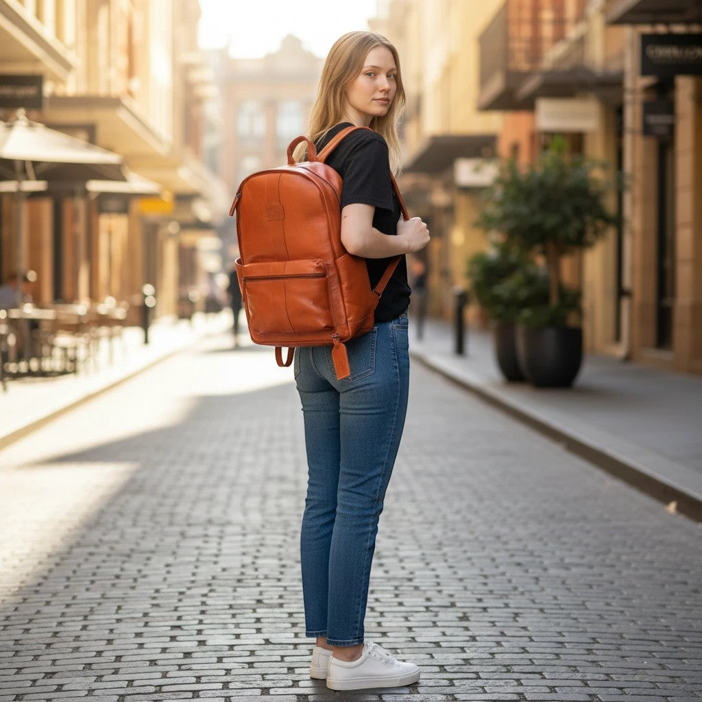 Chris Louis genuine leather backpack in orange, featuring multiple compartments and adjustable straps, worn by a woman on a cobblestone street.