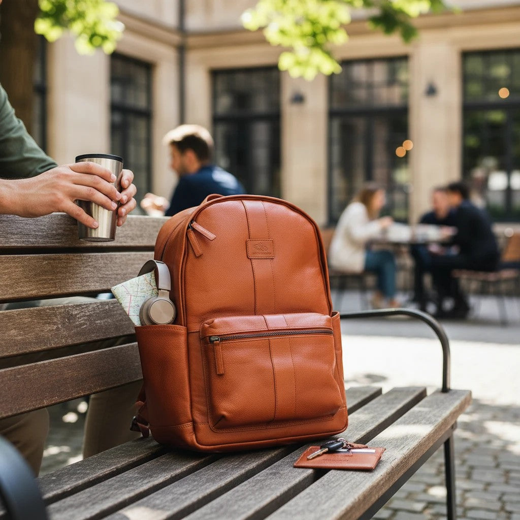 Chris Louis genuine leather backpack in rich orange with multiple compartments, side pockets, and adjustable straps. Perfect for daily commutes.