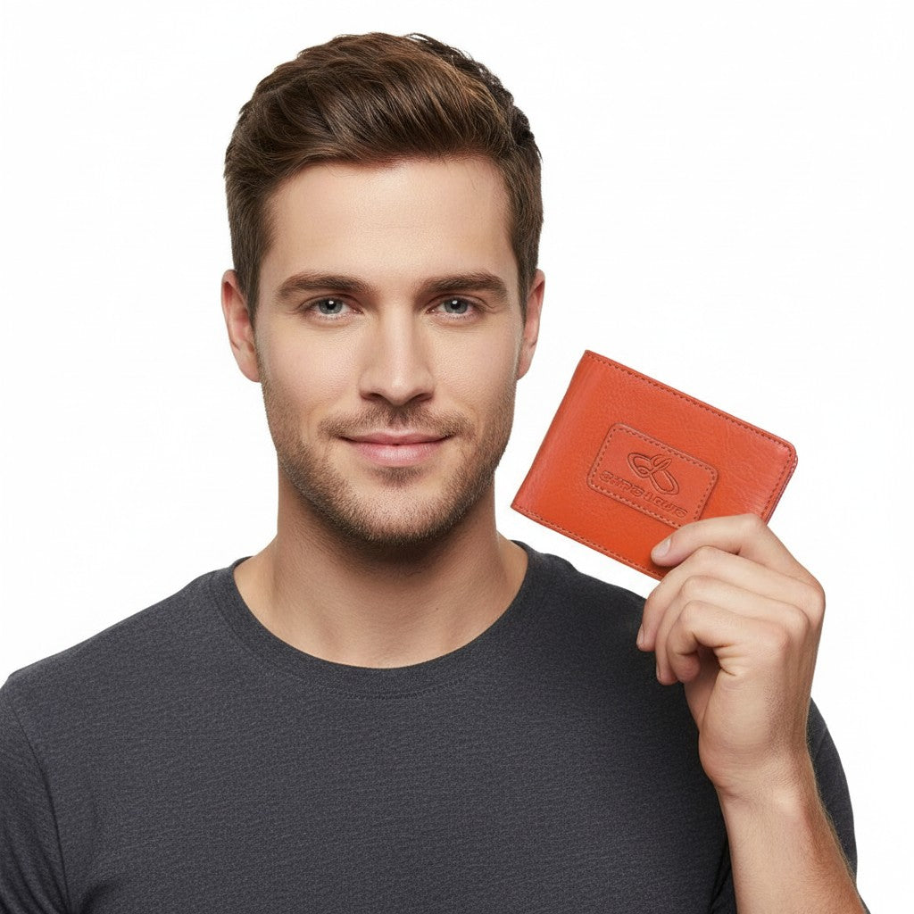 Chris Louis orange genuine leather bifold wallet with embossed logo and RFID blocking technology.