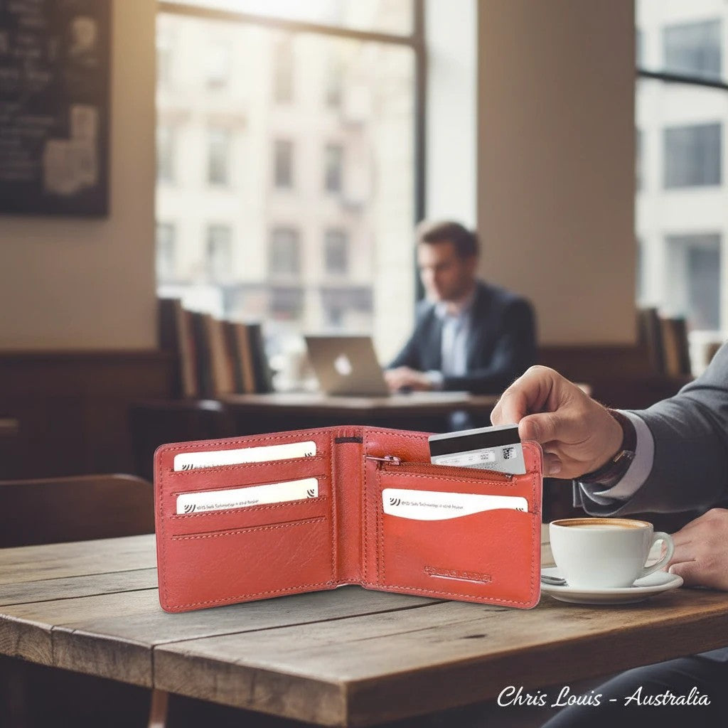 Chris Louis genuine leather bifold wallet in warm orange with RFID blocking, card slots, and zippered coin pocket.