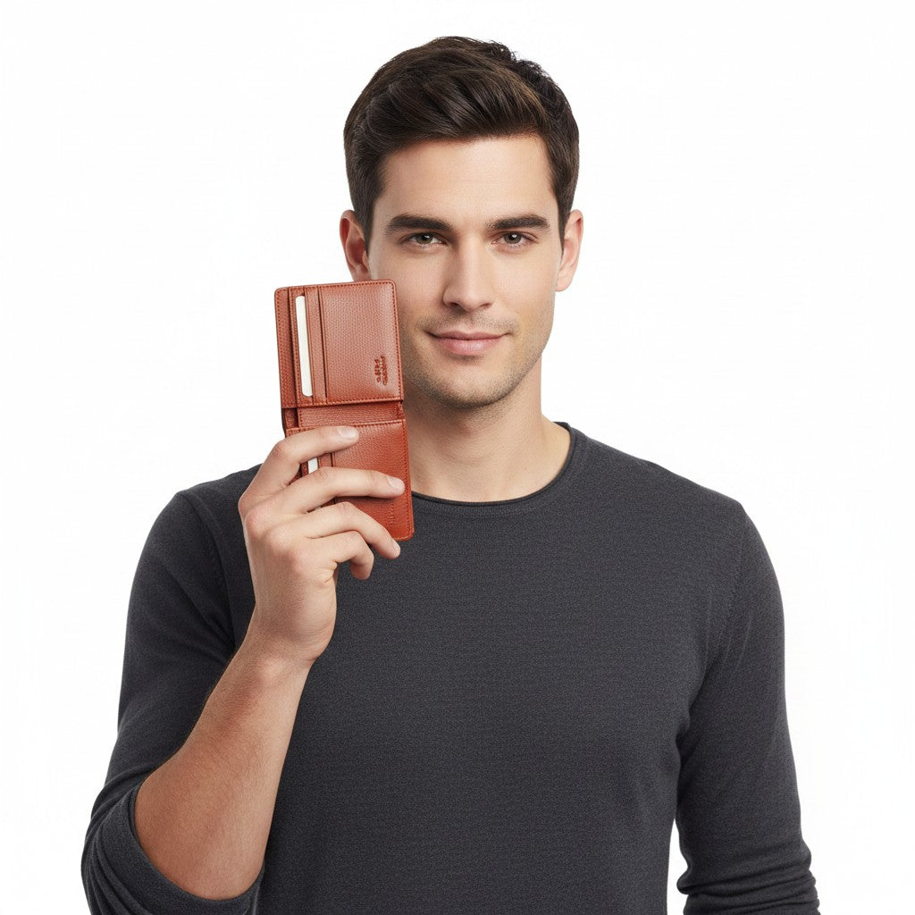 Chris Louis orange genuine leather bifold wallet with striped interior lining and RFID blocking technology.