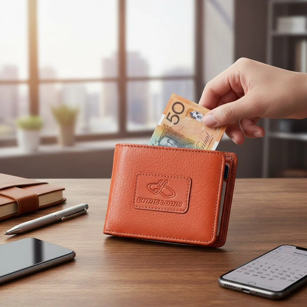 Chris Louis orange genuine leather bifold wallet with embossed logo, RFID blocking, and slim profile.