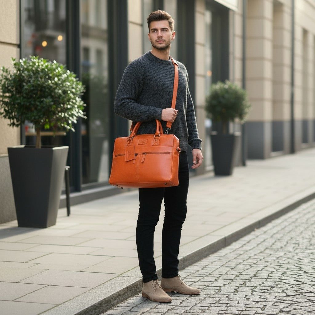 Chris Louis orange leather briefcase and messenger bag with dual handles and adjustable strap, worn by a woman outdoors.