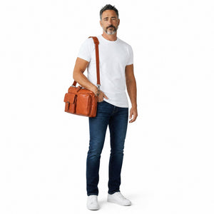 Chris Louis orange genuine leather briefcase with multiple compartments, buckle flap pocket, and zippered pouch.