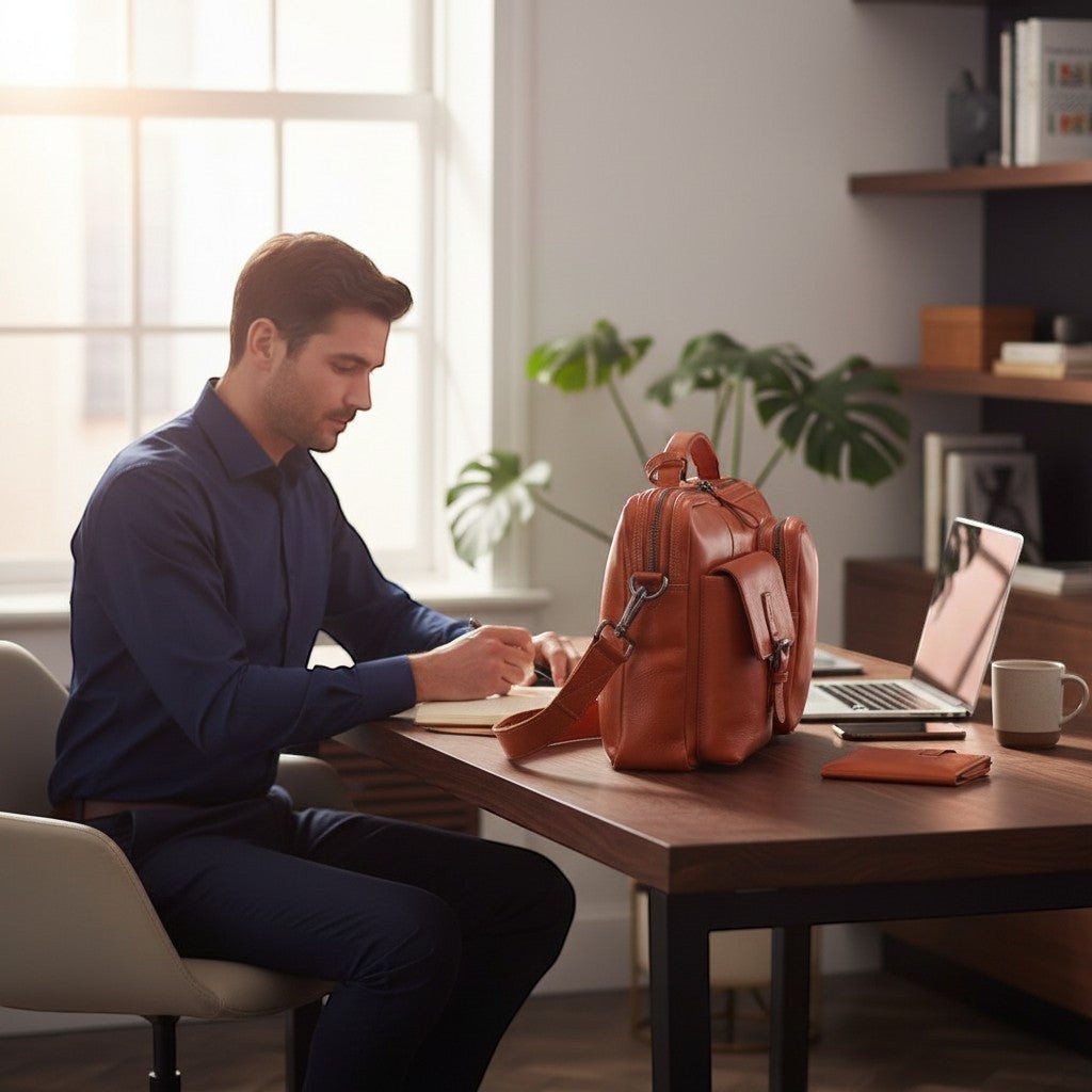 Chris Louis orange genuine leather briefcase with multiple compartments and buckle pocket, shown on a desk next to a laptop.