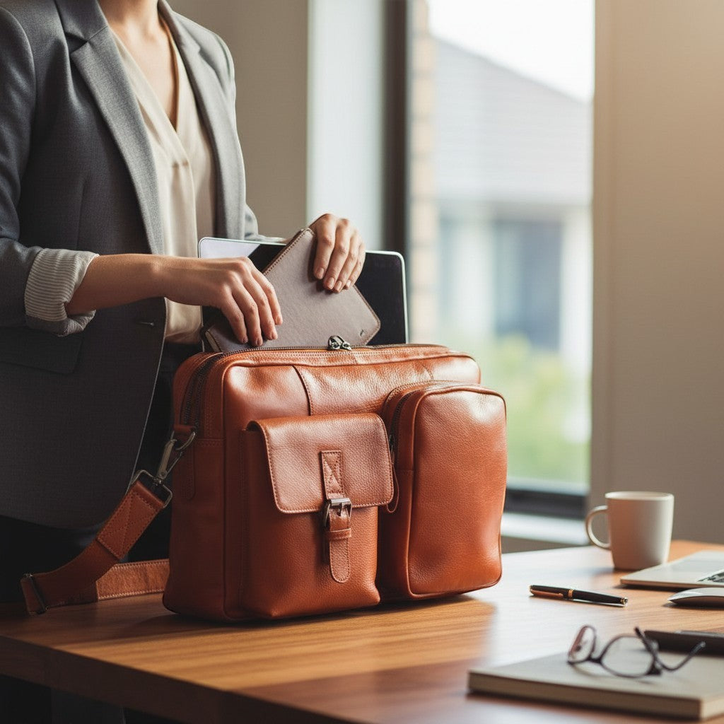 Chris Louis orange leather briefcase with multiple compartments and buckle flap pocket.