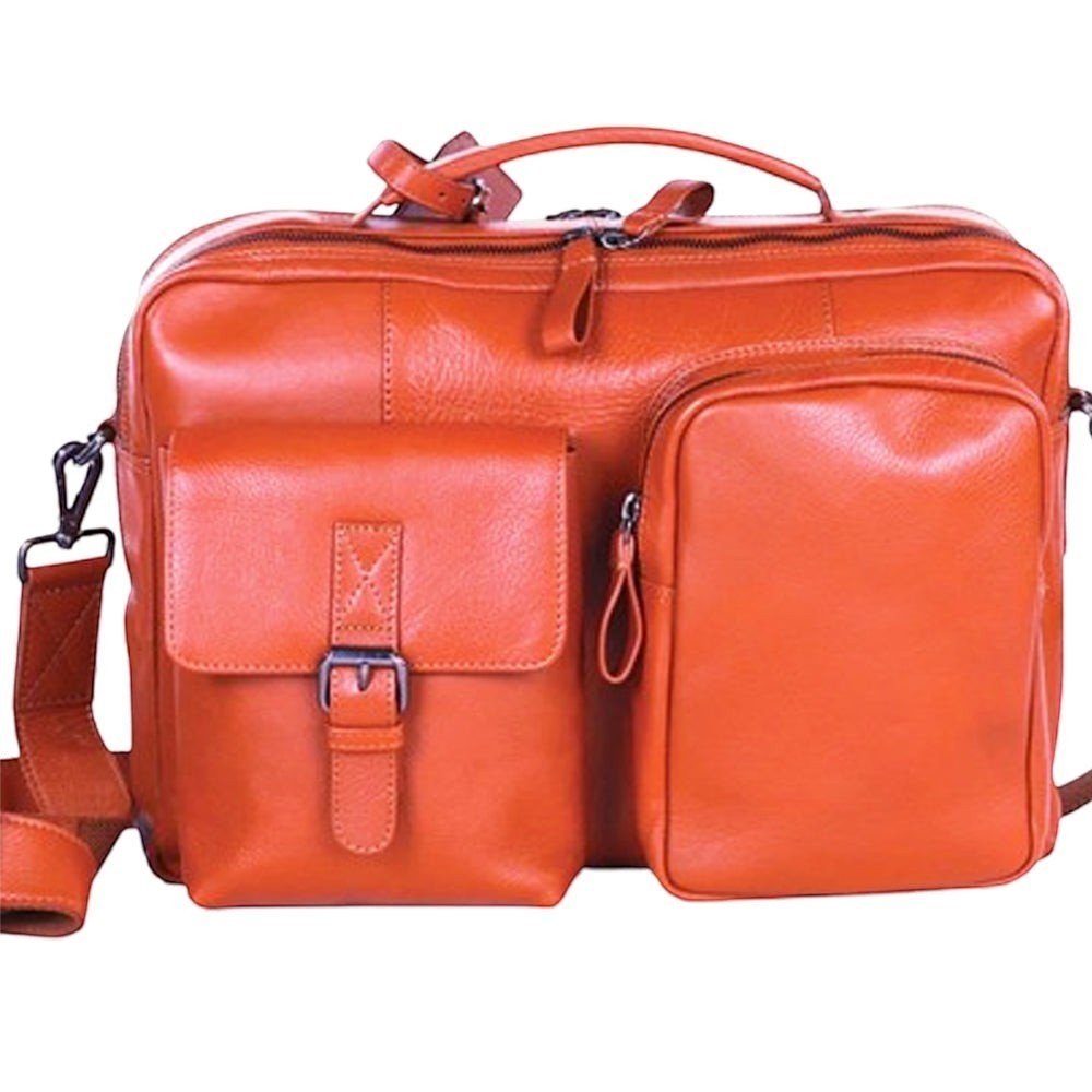 Chris Louis orange leather briefcase with multiple compartments, buckle flap pocket, and zippered pouch.