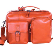 Chris Louis orange leather briefcase with multiple compartments, buckle flap pocket, and zippered pouch.