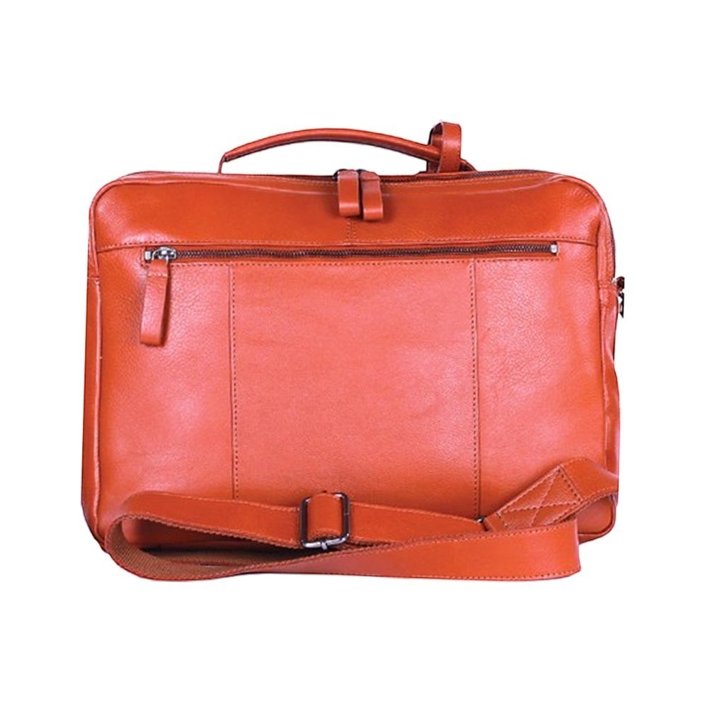Chris Louis orange genuine leather briefcase with multiple compartments and adjustable shoulder strap.