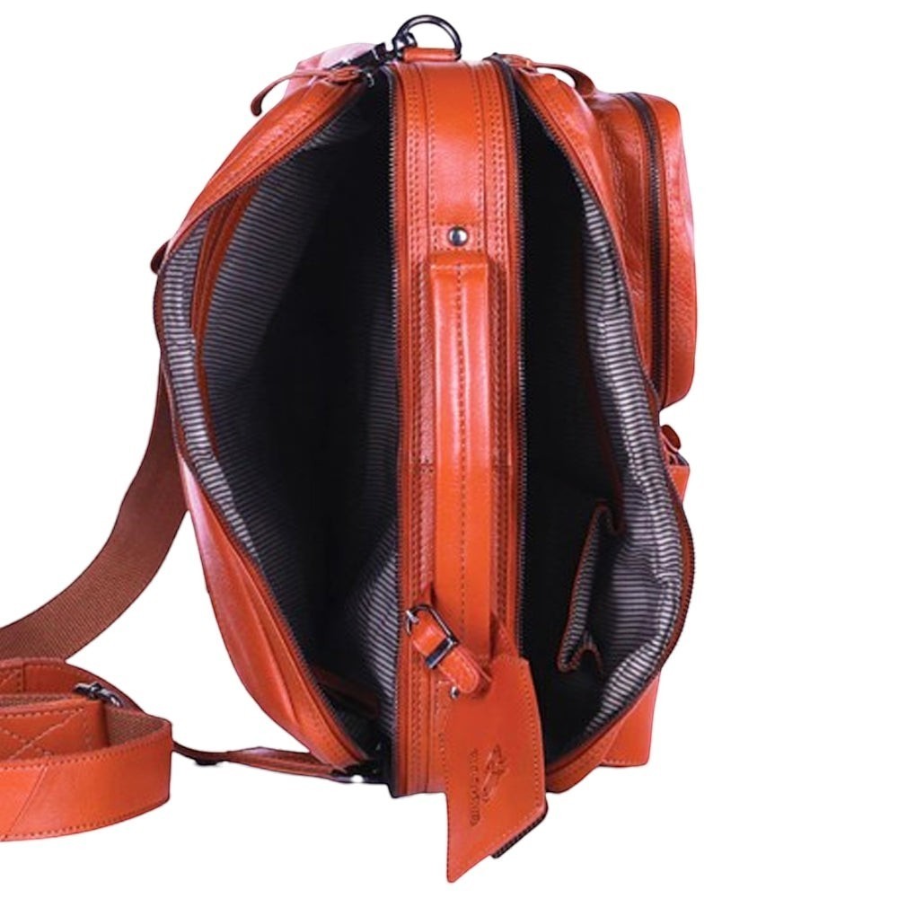 Chris Louis orange genuine leather briefcase with multiple compartments and adjustable shoulder strap.