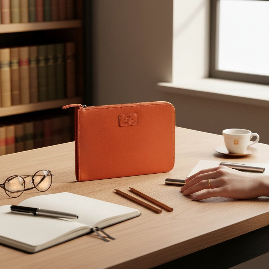 Chris Louis orange leather zippered i-pad/file organizer with detachable wristlet and interior slip pocket.