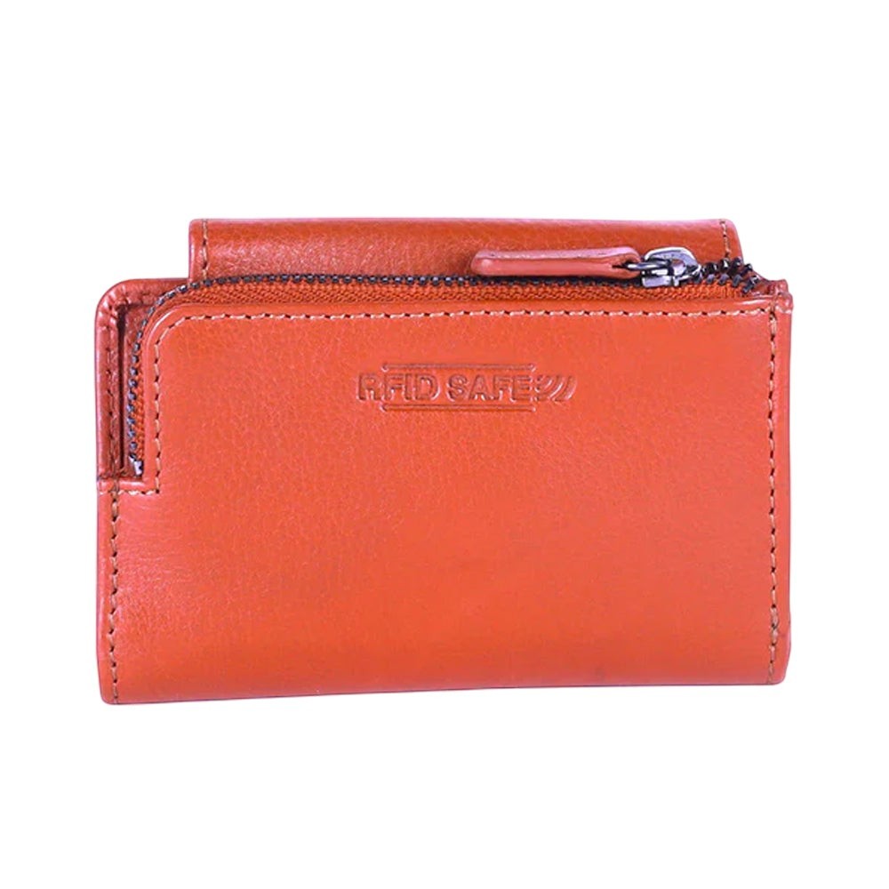 Chris Louis orange genuine leather bifold key holder wallet with RFID Safe Technology and zippered coin pocket.