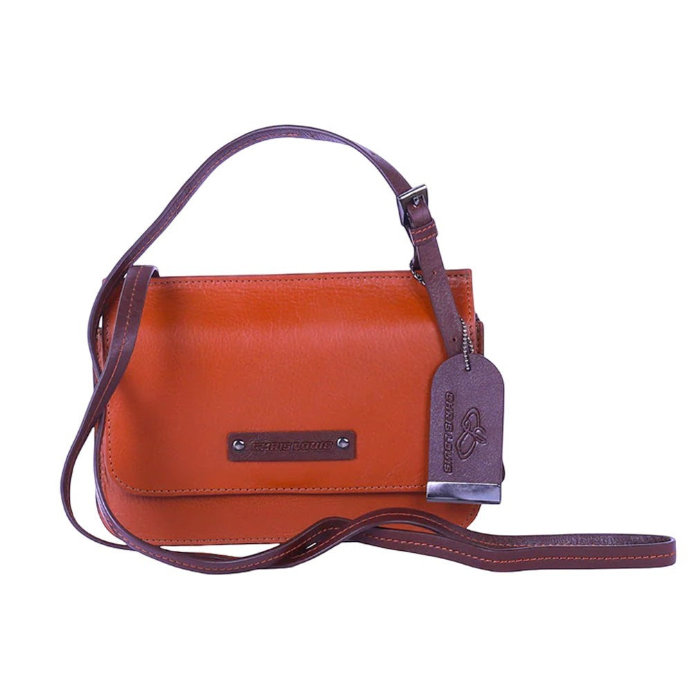Chris Louis Isfahan Sling Bag in tan genuine leather with adjustable strap and magnetic closure.