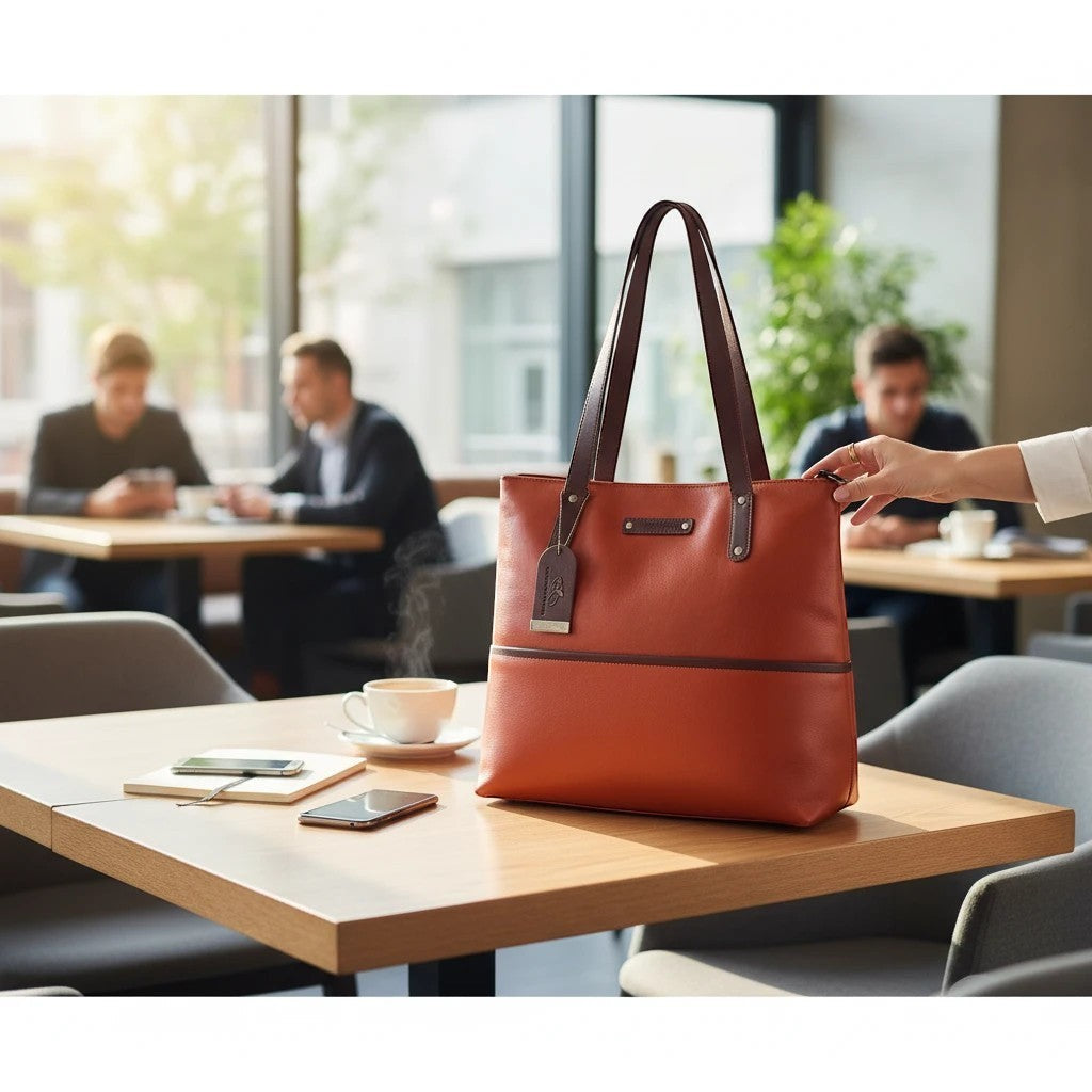 Chris Louis orange leather tote bag with dark brown trim and straps, ideal for everyday use or work.