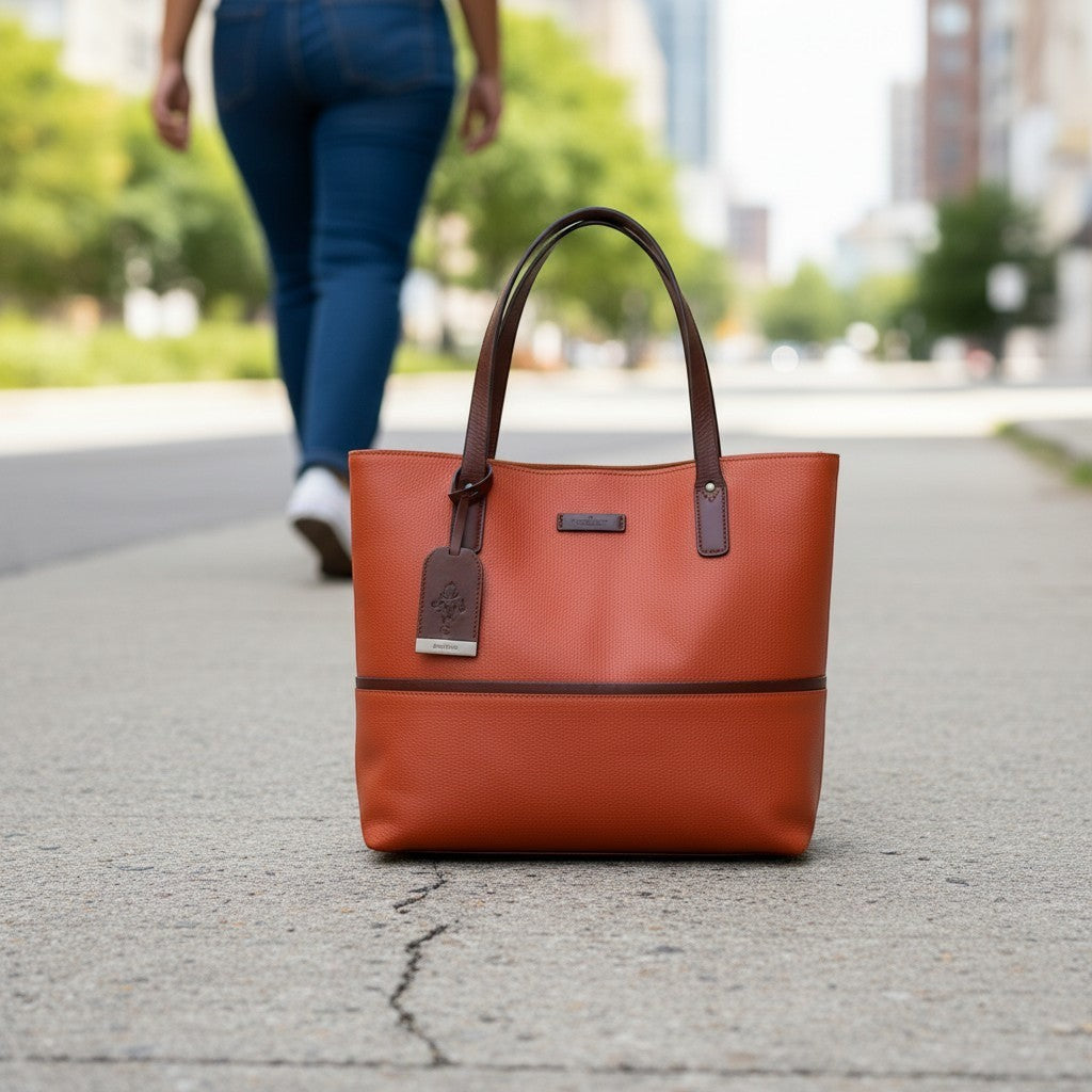 Chris Louis orange leather tote bag with dark brown trim and straps, worn by a woman in jeans and a white t-shirt.