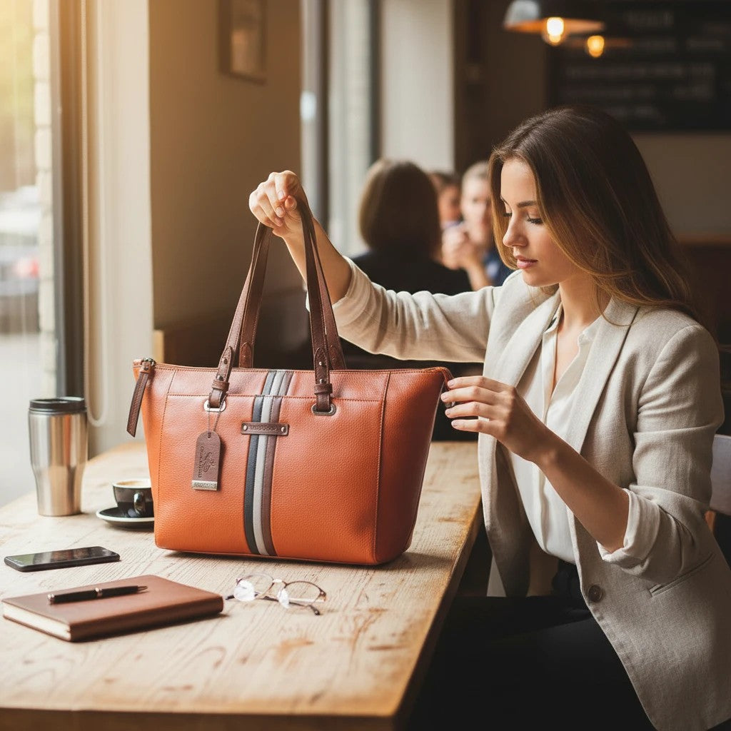 Chris Louis orange leather tote bag with black, grey, and white stripe detail. Woman holding bag at table.