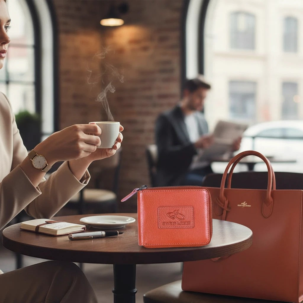Chris Louis orange leather zip-around wallet with embossed logo, next to a tan tote bag on a table.