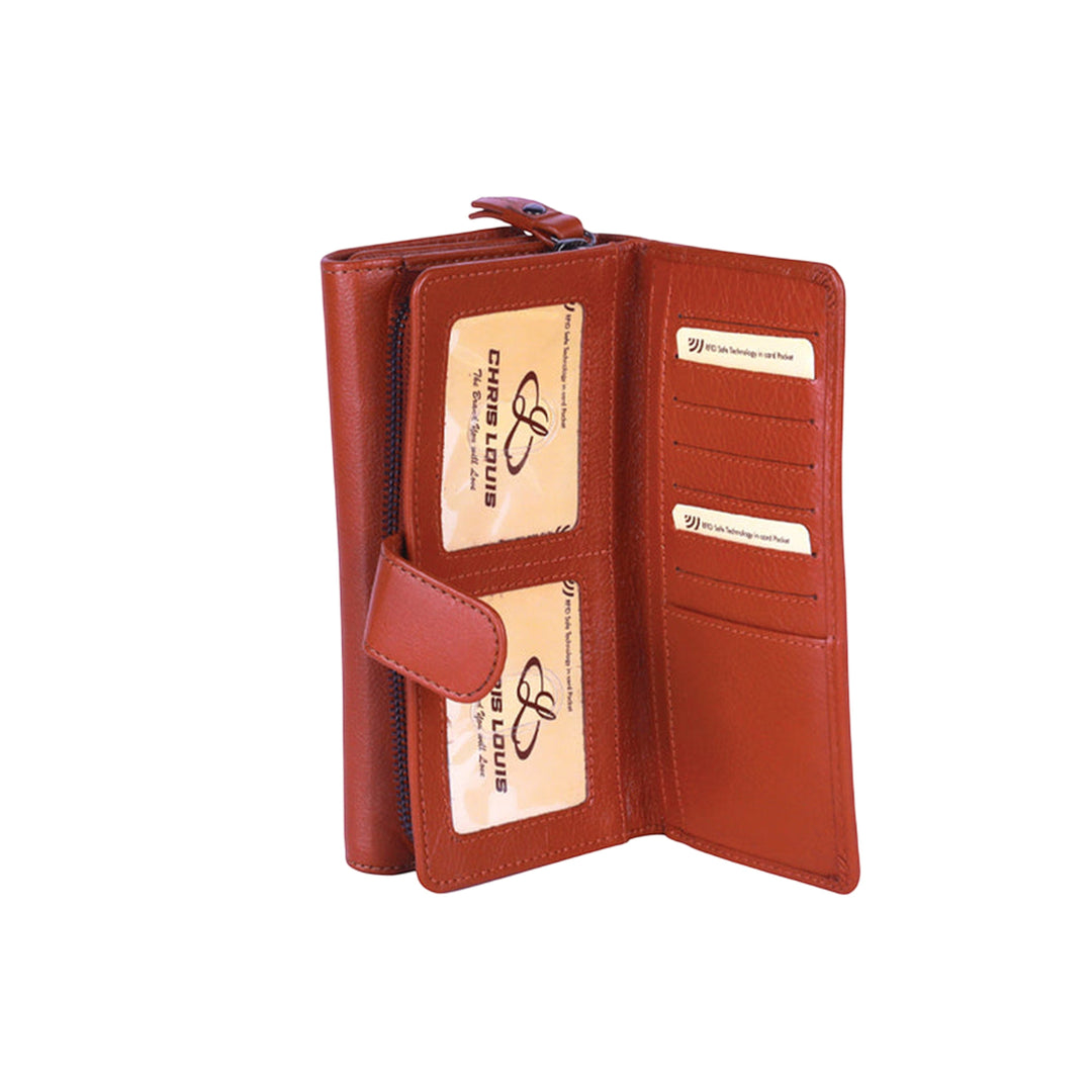 Chris Louis Petra ladies wallet in tan genuine leather, tri-fold design with snap closure, coin zip pocket, and 27 card slots.
