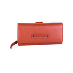 Chris Louis Petra ladies wallet in tan genuine leather, tri-fold design with snap closure, coin zipper, and card slots.