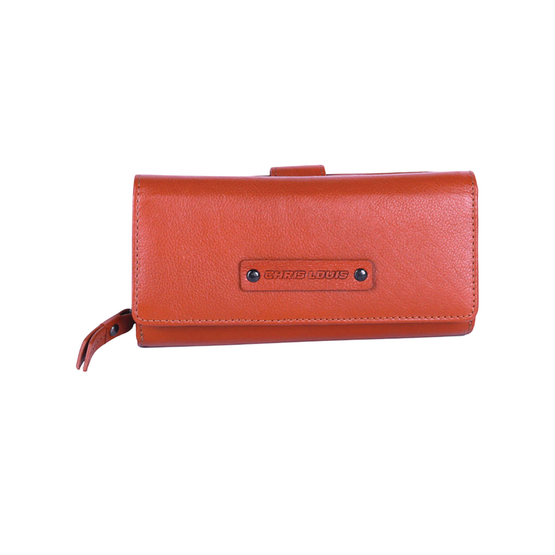 Chris Louis Petra ladies wallet in tan genuine leather, tri-fold design with snap closure, coin zipper, and card slots.